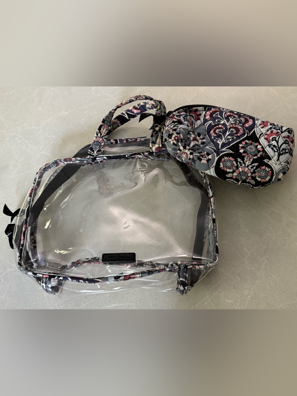 Vera Bradley Ornate Blooms Clear Toiletry Travel Bag & Pouch 2 Pc Set Quilted